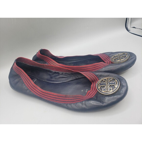 Tory Burch Caroline Ballet Flats Women's Sizee 7.5 Navy Blue Leather Red Trim - Picture 1 of 12